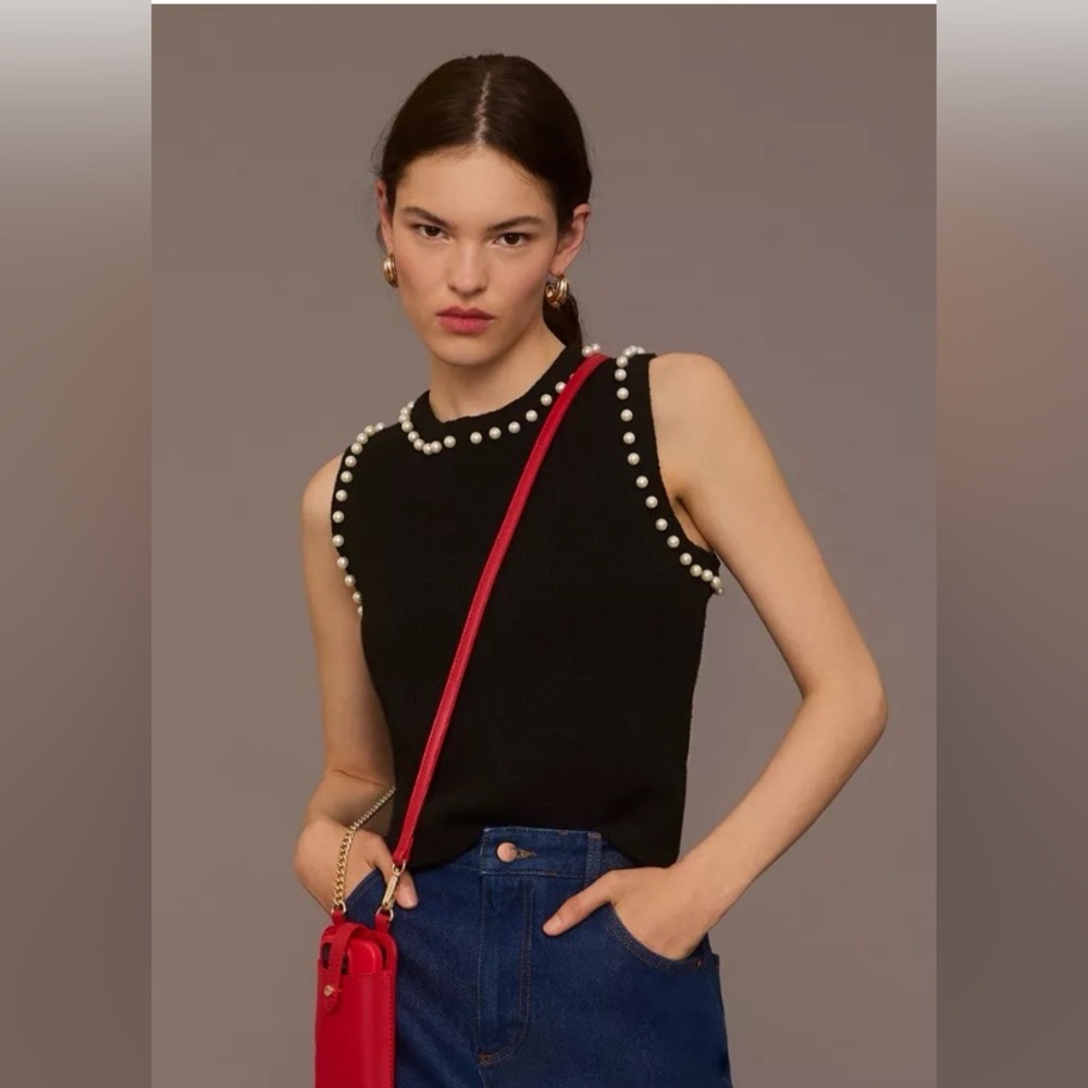 ANTHROPOLOGIE Pearl Lined Thick Knit Preppy Holiday Cropped Tank Top Size S